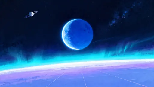 A distant blue planet hangs against deep space, its atmosphere glowing with layered auroral bands and a soft halo of light that suggests quiet, expansive alien beauty and serene scale.
