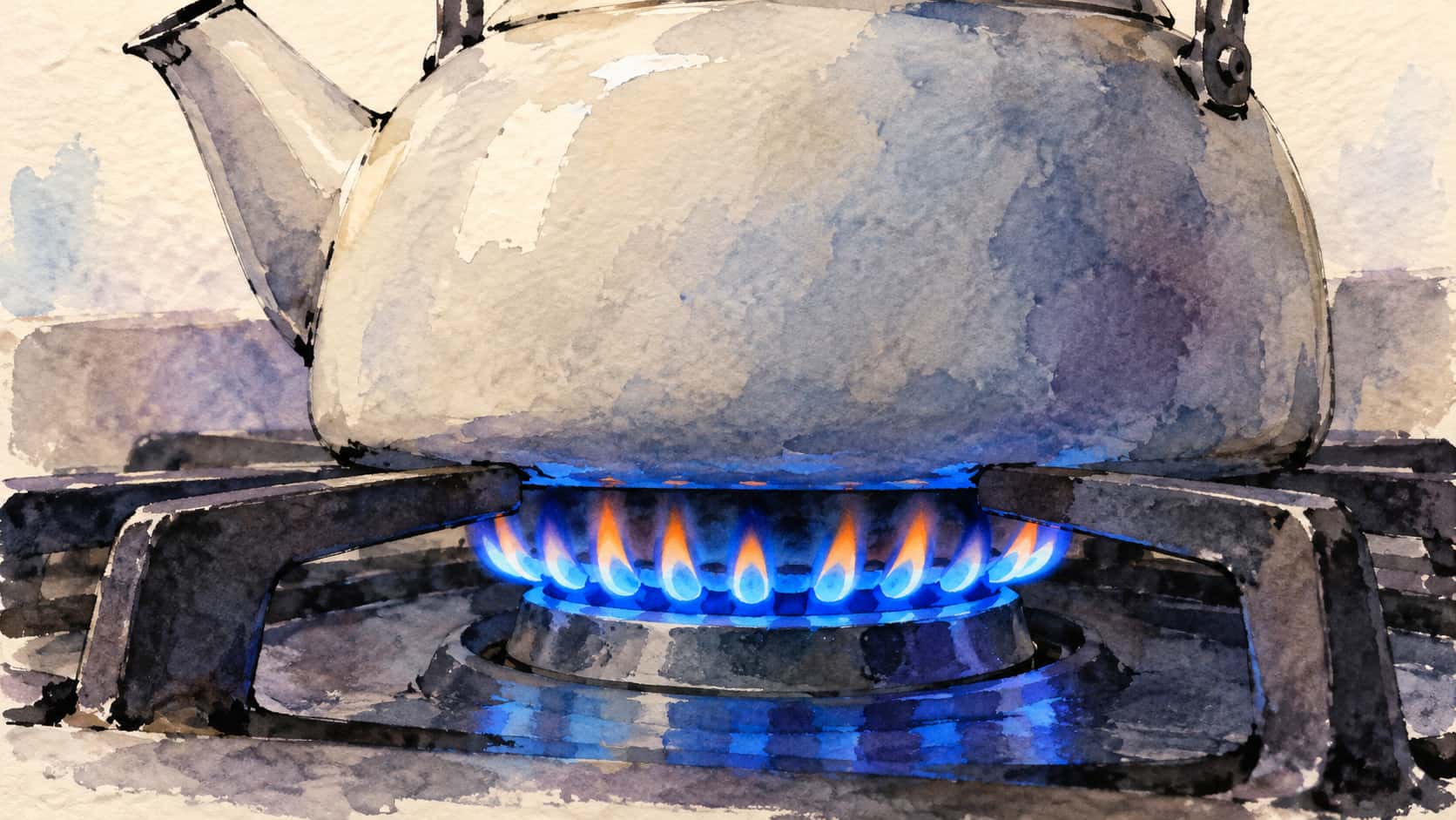 A ring of small blue gas stove flames with orange tips burns evenly under a dark enamel kettle on a cast iron grate in transparent washes and ink fragments.