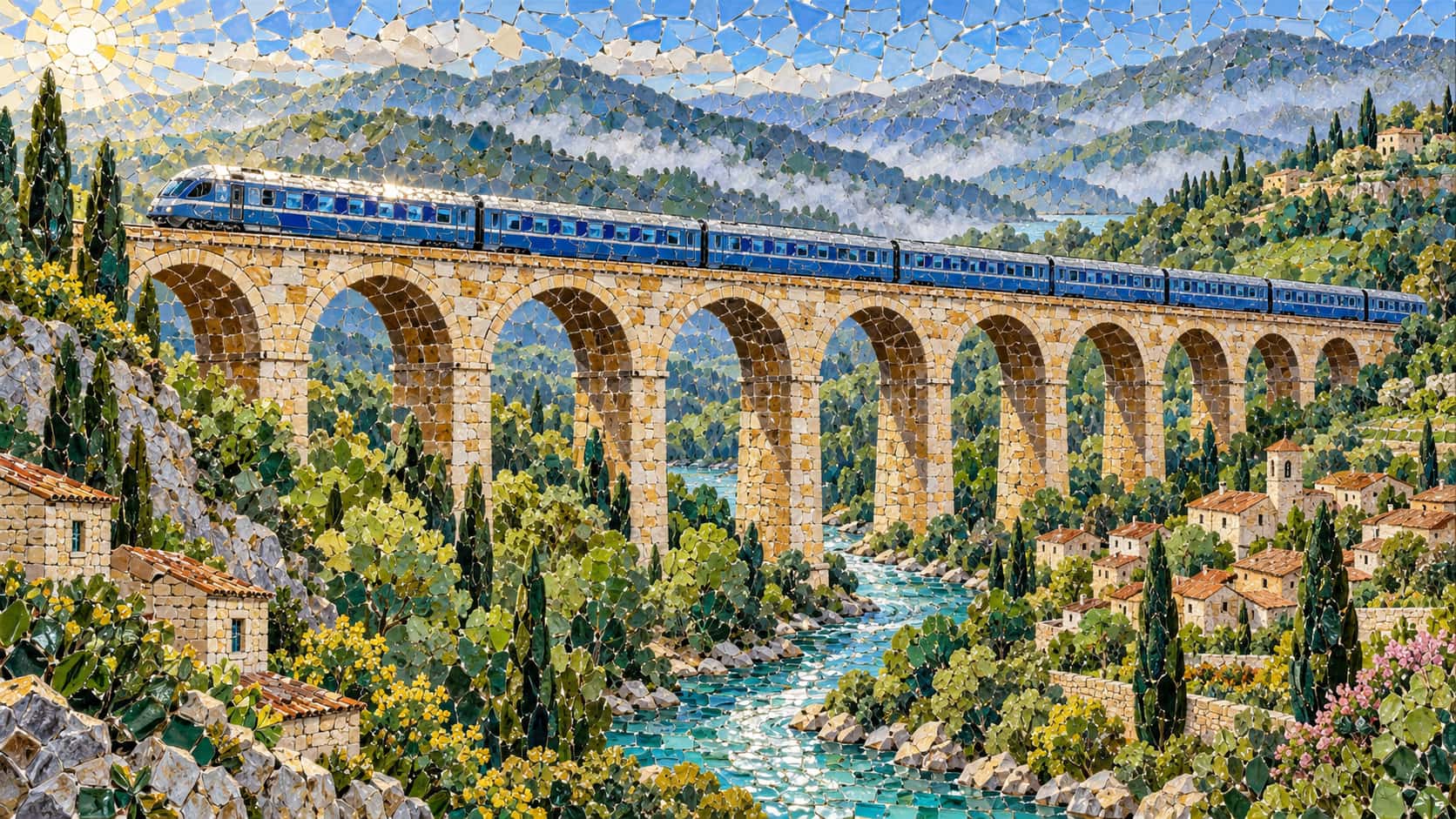A long blue and silver train crosses a high stone viaduct of many arches over a green river valley with a village below and misty hills behind in glazed tile shards.