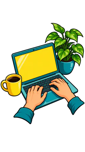Two adult hands type on an open laptop beside a ceramic coffee mug and a small potted plant in bold graphic cartoon style, isolated on a transparent background.