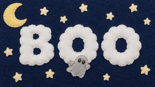 Three white scalloped felt cloud letters spelling BOO on a navy felt ground with a yellow felt crescent moon, cream felt stars and a small grey felt ghost below the second letter, all edged with white stitches.