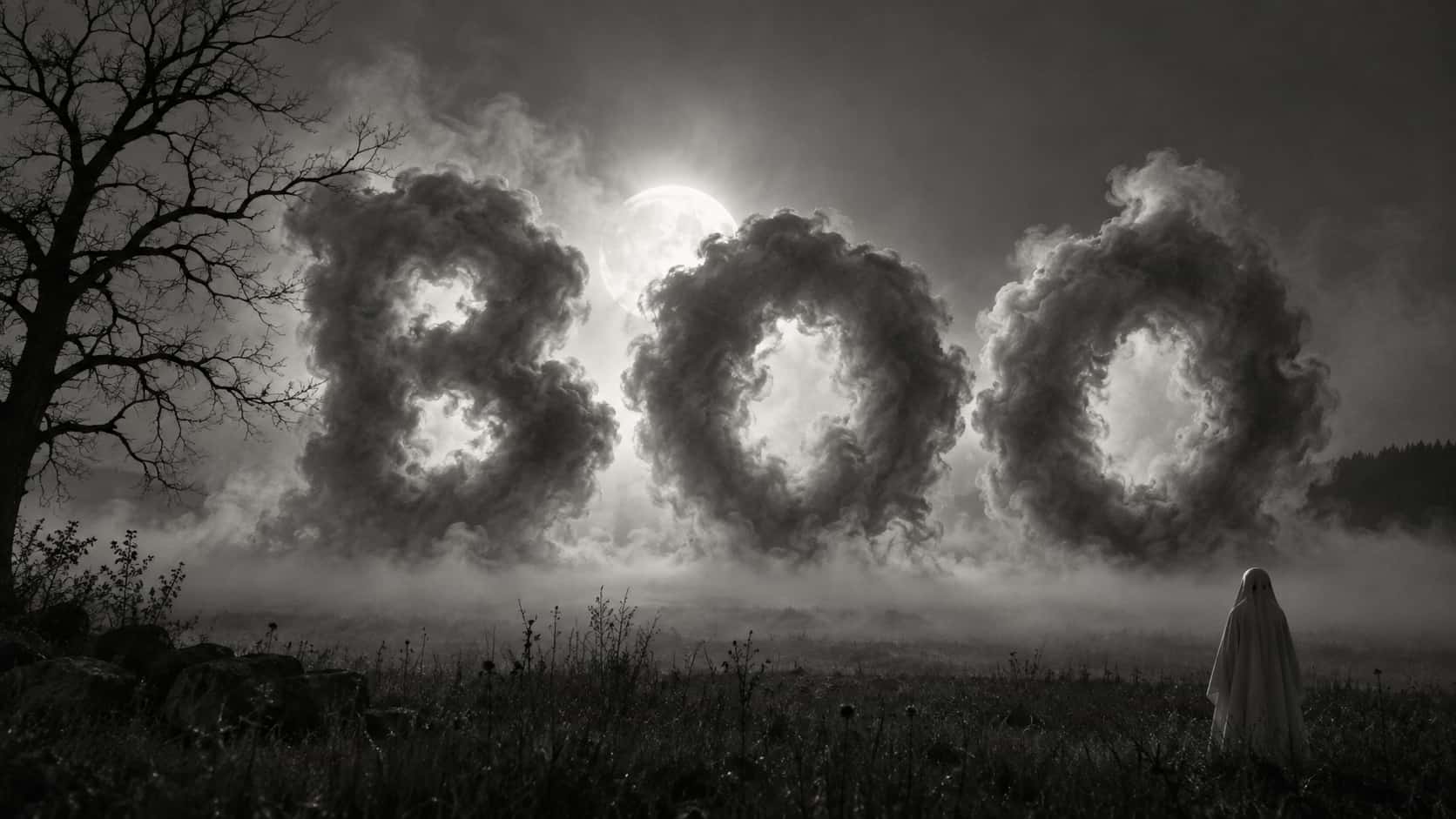 The word BOO spelled in three tall letters of grey smoke rising from a bank of ground fog on a night field in black and white, a full moon glowing behind them, a small pale sheet ghost at the lower right and a bare black tree at the left.