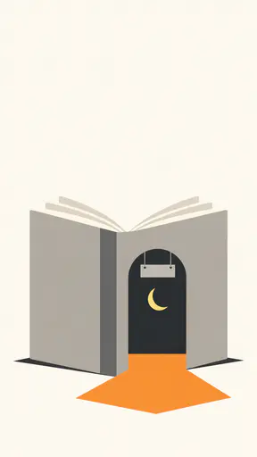Flat vector editorial illustration for a Halloween bookshop event graphic: an open hardcover book stands upright, its pages curved into a tall arch where a slim crescent moon glows as the little shop's lit doorway, orange light pooling on the ground and a small blank sign panel hanging from the arch. The upper half of the frame stays a plain empty field ready for typeset copy.