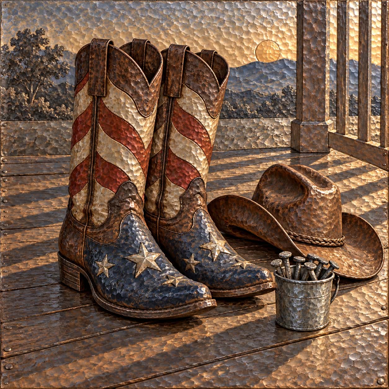 Painted cowboy boots with blue star toes and stripe shafts on a porch beside a hat. Thirteen stripes and a neat canton work honest.