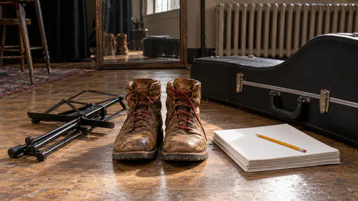 A pair of scuffed tan leather boots with dark red laces stand on a wooden rehearsal-room floor beside a folded music stand, a stack of blank score pages weighted with a pencil and a closed instrument case in warm light.