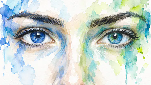 Both eyes of a fictional adult face look straight ahead with brows above, the bridge of the nose between them and cobalt and green blue irises in pale cyan and lime washes.