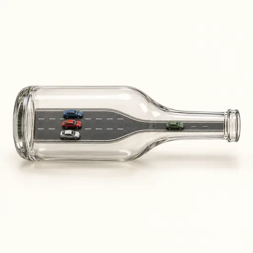 Bottleneck: a complete clear glass bottle lies on its side, holding a miniature road where three lanes of tiny cars narrow to one inside its neck.
