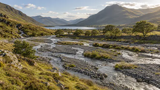 Water splits into several braided channels across a broad gravel flat on a valley floor with pale threads rejoining and parting among grey gravel bars and a drystone wall along the far side in flat midday light.