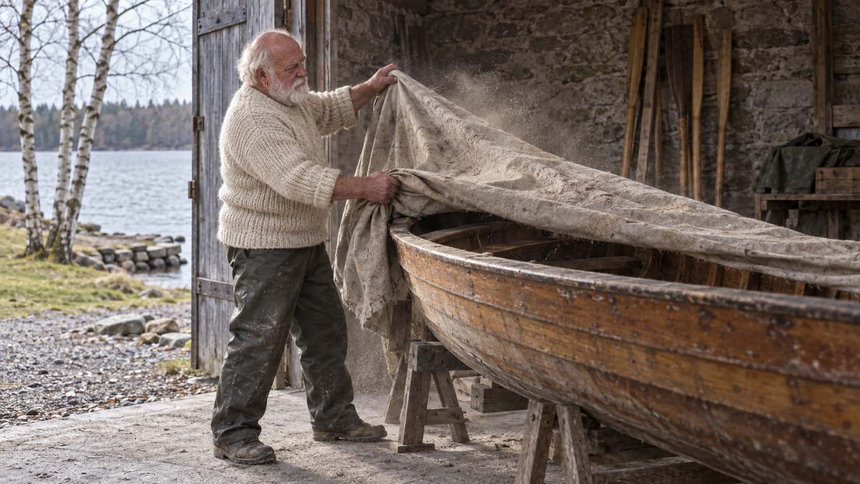 A broad white-bearded man in a cream fisherman's jumper pulls a dust sheet off a small wooden rowing boat resting on trestles inside an open grey stone boathouse with oars leaning in the corner in cool early spring light.