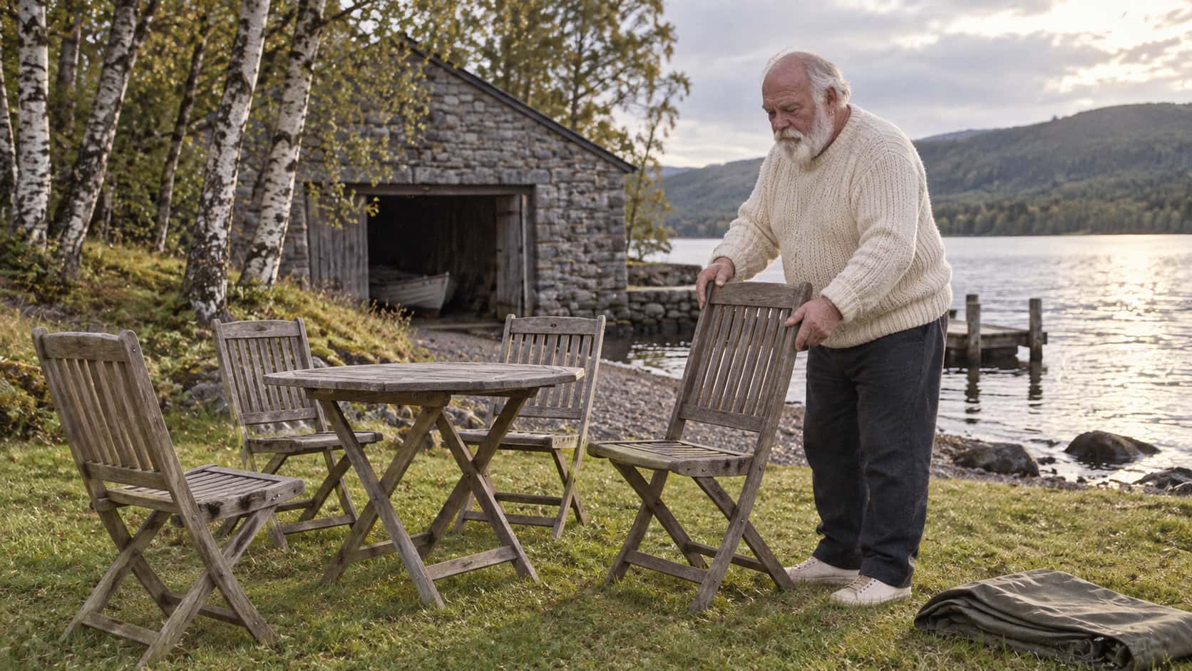 A broad white-bearded man in a cream jumper unfolds the last of four weathered wooden garden chairs set in a half circle with a plain folding table facing the lake and a stone boathouse behind in warm late-afternoon light.