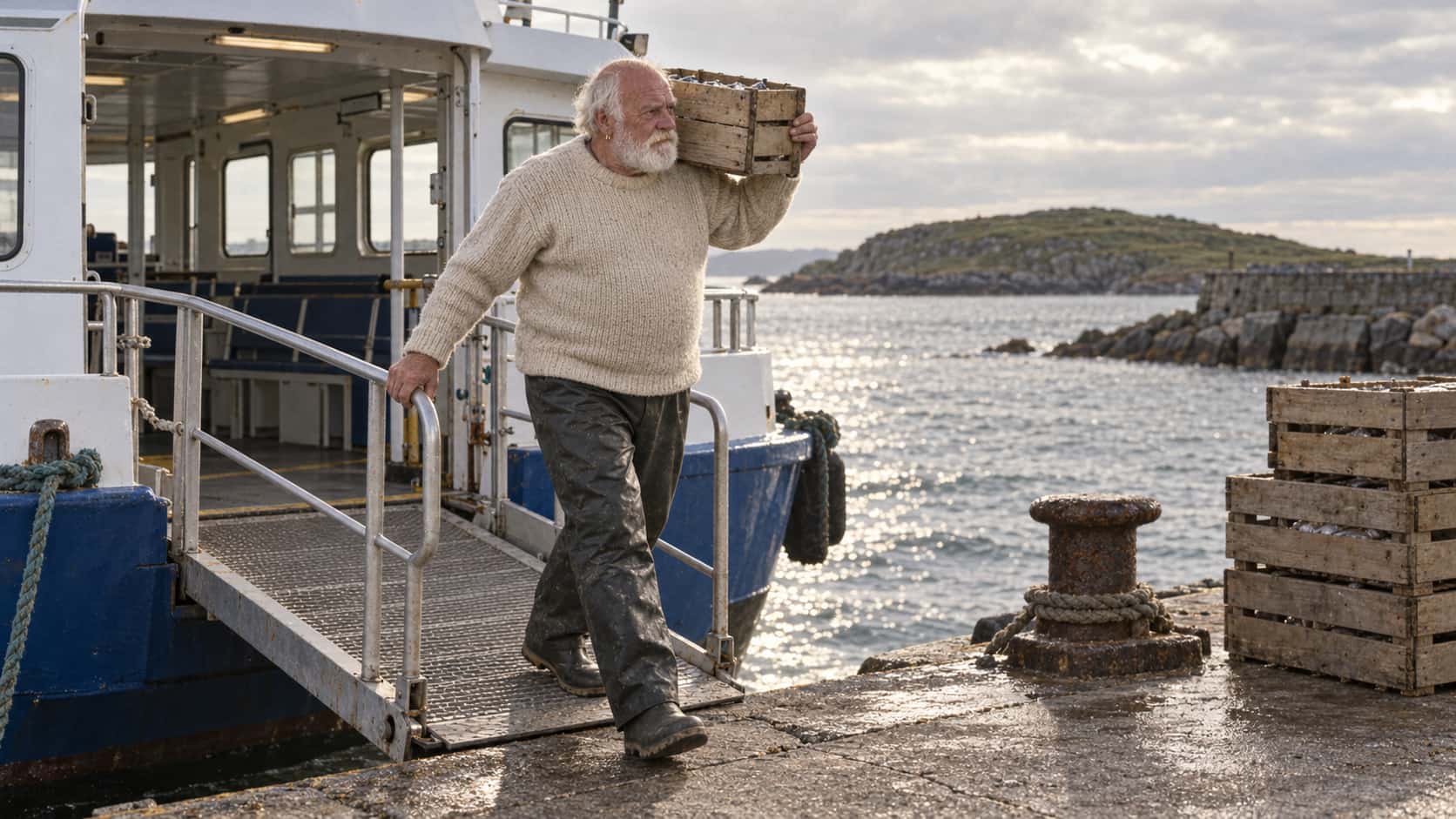 A broad white-bearded man in a cream fisherman's jumper steps off the gangway of a small blue and white ferry onto a mainland quay with a plain wooden crate on one shoulder and a hand on the gangway rail in golden afternoon light.
