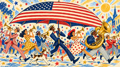 Adult brass band marching under a flag umbrella with canton peak and gleaming instruments.