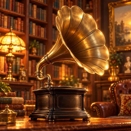 A vintage brass gramophone with a flared horn in a cozy library with bookshelves and a glowing lamp.