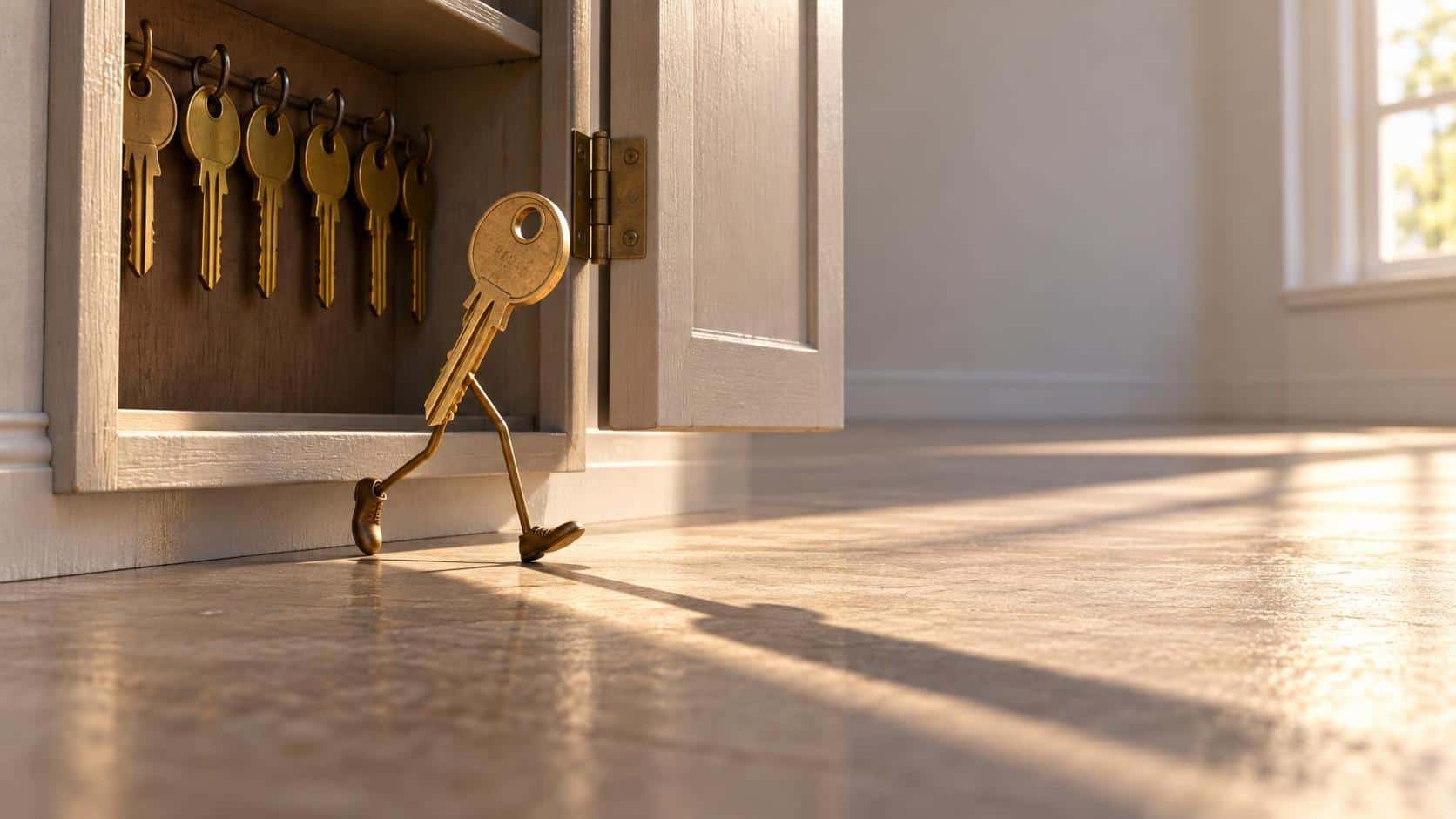 Escape key: a single brass house key walking out of an open key cabinet on two thin wire legs, one leg forward mid-step, its head tilted toward the room, while a neat rank of plain brass keys still hangs on their hooks behind it and the panelled door stands wide in low side view under crisp…