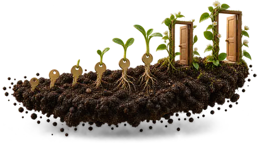 Planting the seeds of success: a soil-bed slice floating on transparency, where tiny planted brass keys at the left sprout green stems that grow into small open wooden doorways toward the right, soft morning light from the upper left.