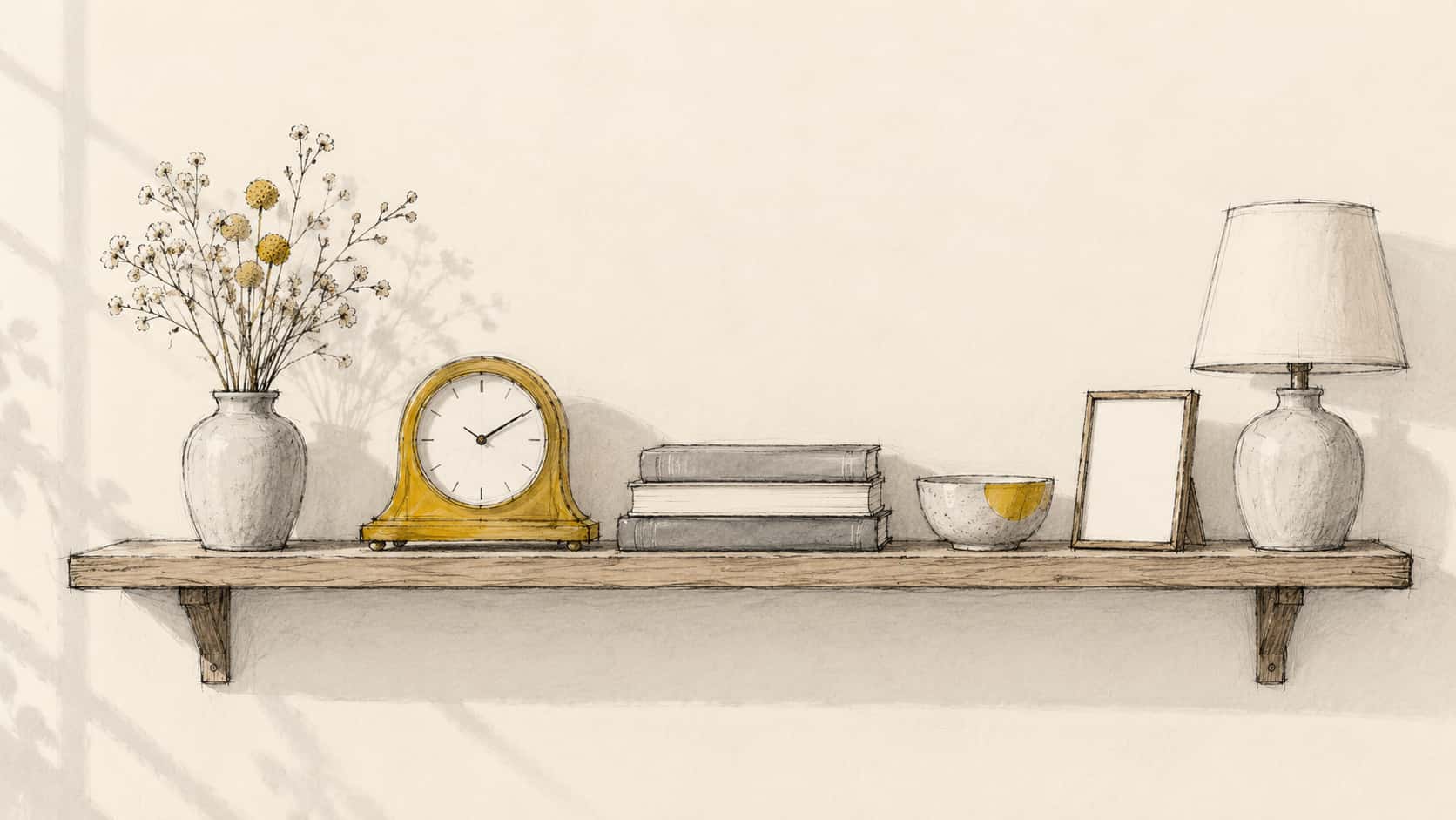 A small brass mantel clock with a plain white face sits on a wooden wall shelf beside a vase of dried flowers, three books, a ceramic bowl and a framed blank card in pencil and wash.
