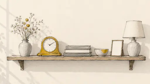 A small brass mantel clock with a plain white face sits on a wooden wall shelf beside a vase of dried flowers, three books, a ceramic bowl and a framed blank card in pencil and wash.