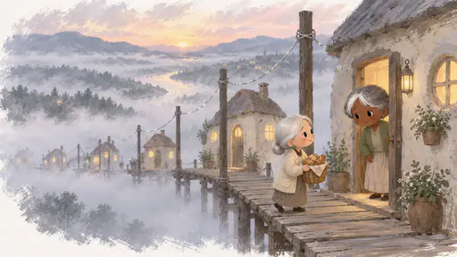 A long flat fog bank over a river valley at dawn holds a row of small lit fog-houses tethered to tall posts by thin silver ropes while a very small elderly woman with a silver bun and a cream cardigan carries a basket of bread along a plank walk toward a door held open by a petite woman with short silver-grey hair.