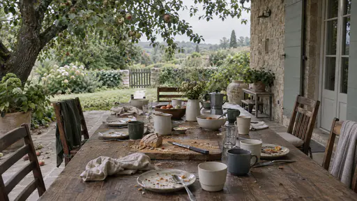 A long porch breakfast table still crowded with half-empty dishes, crumpled napkins, mismatched cups and a bread board of crumbs, chairs pushed back at angles, in early cool morning light.