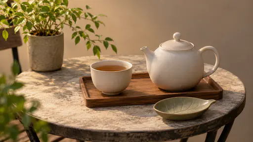 A plain cup of amber tea rests on a small tray on a garden table beside the plain teapot and the empty shallow dish that held the leaves.