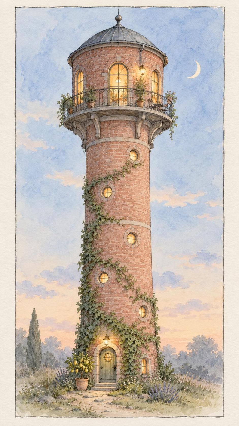 A tall round brick water tower converted into a home, with an iron balcony around the tank level, ivy on the lower courses, a small front door and round windows spiralling up.