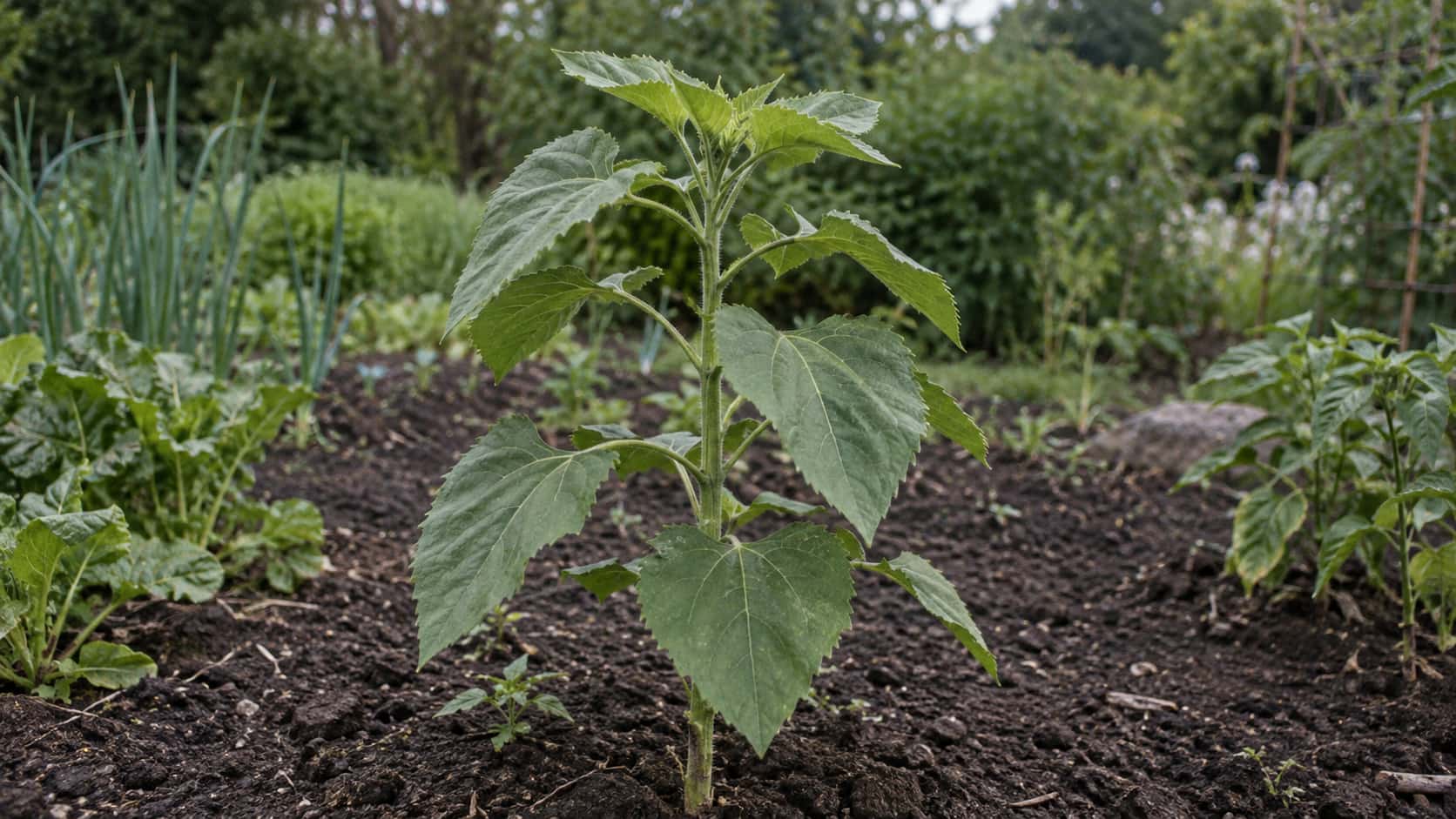 A young sunflower plant stands knee high in garden soil with a sturdy rough stem and broad heart shaped rough leaves with toothed edges and no bud yet.