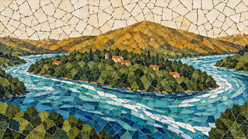 A river of turquoise and blue tile shards splitting around a dark green wooded island with a few orange roof tiles, an ochre hill behind, cream sky.
