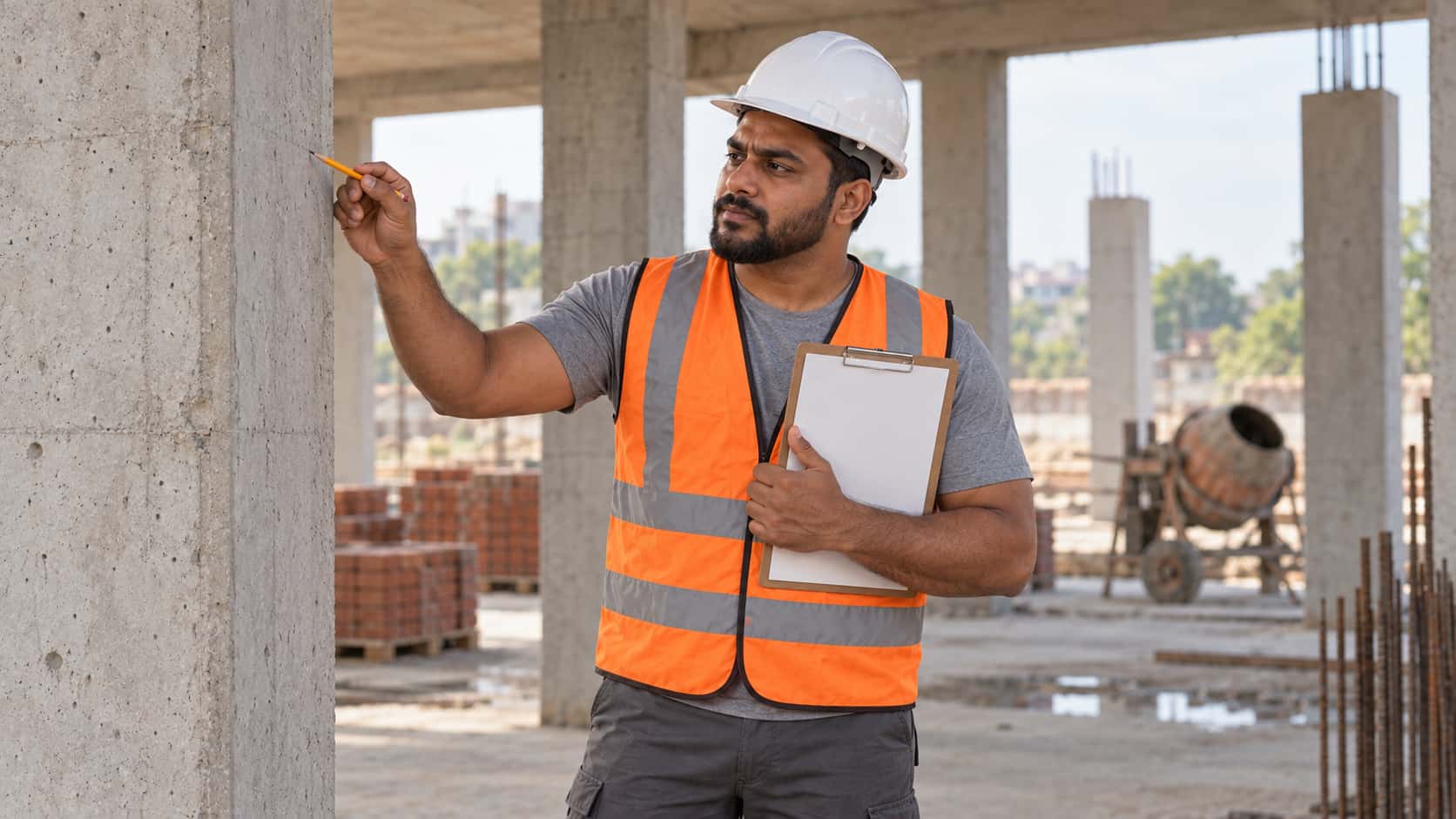 A broad man with a short black beard in a white hard hat and an orange high-visibility vest holds a blank wooden clipboard against his chest and points a pencil at a bare concrete column inside a half-built building with pallets and a cement mixer behind.