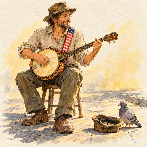 Adult busker with a flag strap banjo playing on a sunny corner near a coin hat. Thirteen stripes and a neat canton play loud.