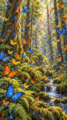 A forest full of hundreds of blue, orange and yellow butterflies fluttering among tall trees and ferns in dappled light.