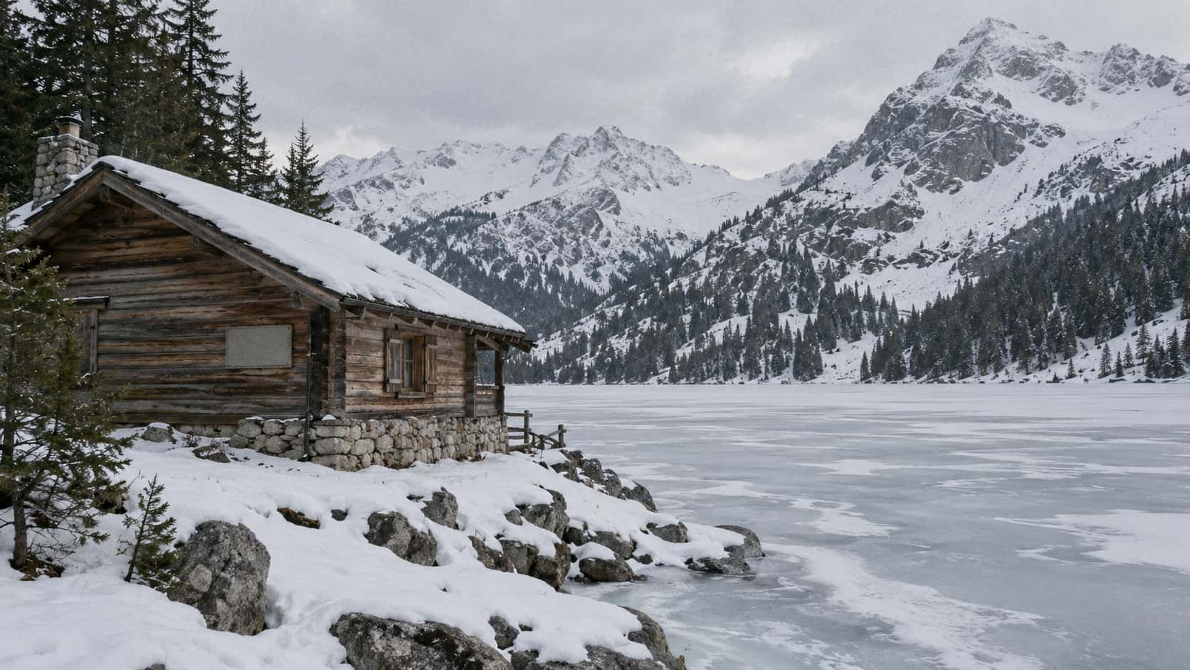 A cabin stands beside the snow-edged shoreline of a frozen mountain lake with its wall facing the ice in even winter light.