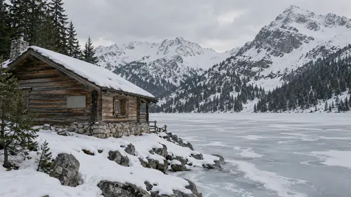 A cabin stands beside the snow-edged shoreline of a frozen mountain lake with its wall facing the ice in even winter light.
