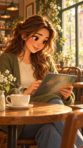 A young adult woman with a warm smile looks at a tablet at a small wooden table in a cozy cafe with a steaming cup beside her in soft window light.
