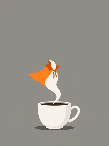 A plain white coffee cup sits low in a vertical flat-vector frame while its steam folds into a tiny orange halloween cape; the warm-grey upper area stays clear for text overlay in cafe social media graphics.