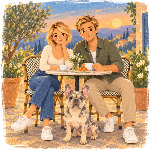 A painted couple sits at a cafe table with a French bulldog in front, framed by plants and a sunset over hills and small village buildings.