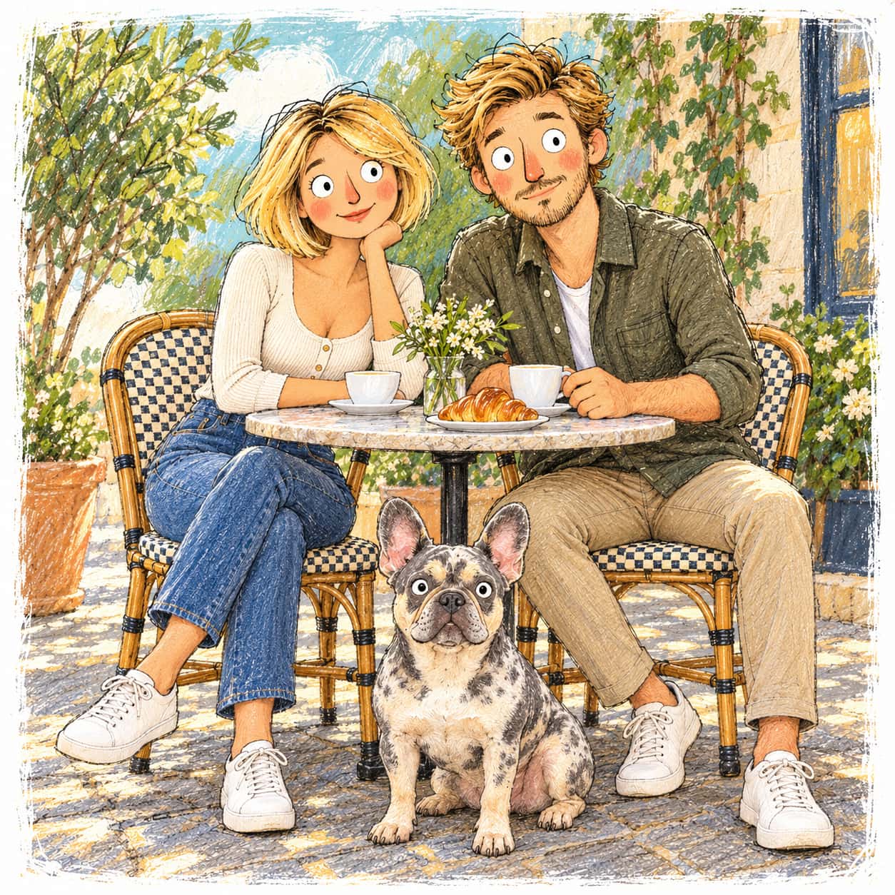 Crayon storybook drawing of a couple and their French bulldog at a cafe table with coffee, a croissant and flowers, framed by a rough white border