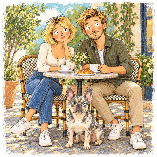Crayon storybook drawing of a couple and their French bulldog at a cafe table with coffee, a croissant and flowers, framed by a rough white border