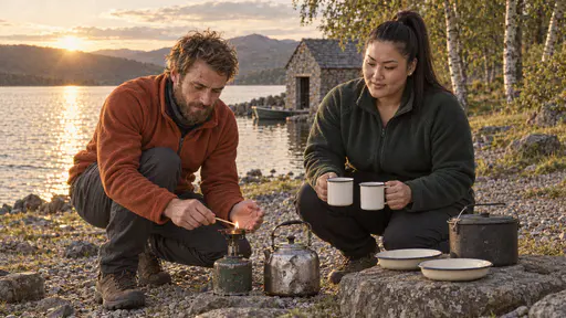 A lean bearded man in a rust fleece lights a small camp stove beside a dented kettle with a long match cupped in his hand while a broad-shouldered woman in a green fleece holds two enamel mugs by the golden lake in evening light.