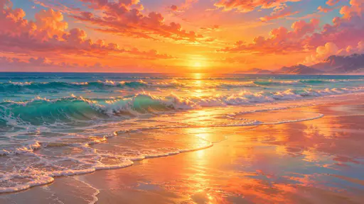 A calm beach at sunset with soft waves rolling onto smooth wet sand and a glowing orange and pink sky reflected in the shallows.