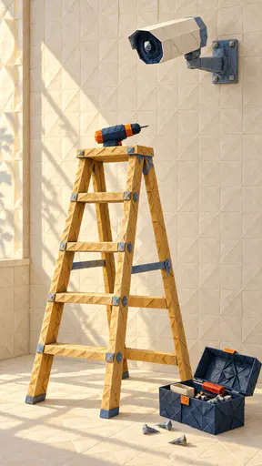 A wooden stepladder stands against a wall with a drill on its top step, an open toolbox on the floor and a bullet camera fixed above in folded paper modules.