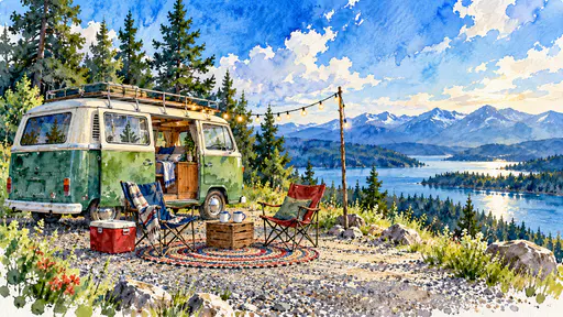 A vintage campervan parked in a gravel pull-off has two mismatched folding chairs, a braided rug, a red cooler, enamel mugs and a string of small lights beneath pines.