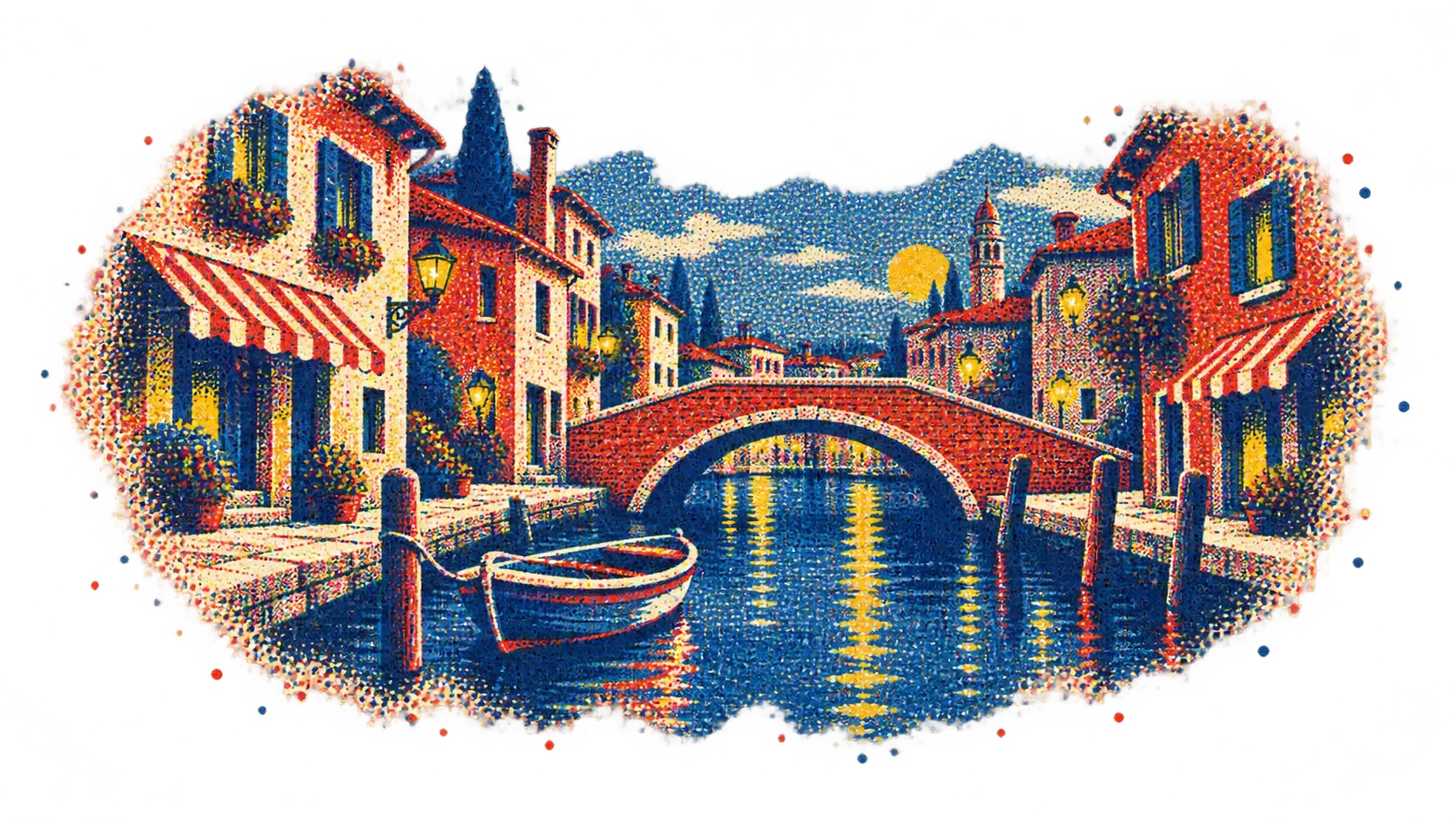 A four-color screenprint slice of a canal with an arched bridge and a moored boat, halftone dots and slight misregistration dissolving into loose dots on transparency.