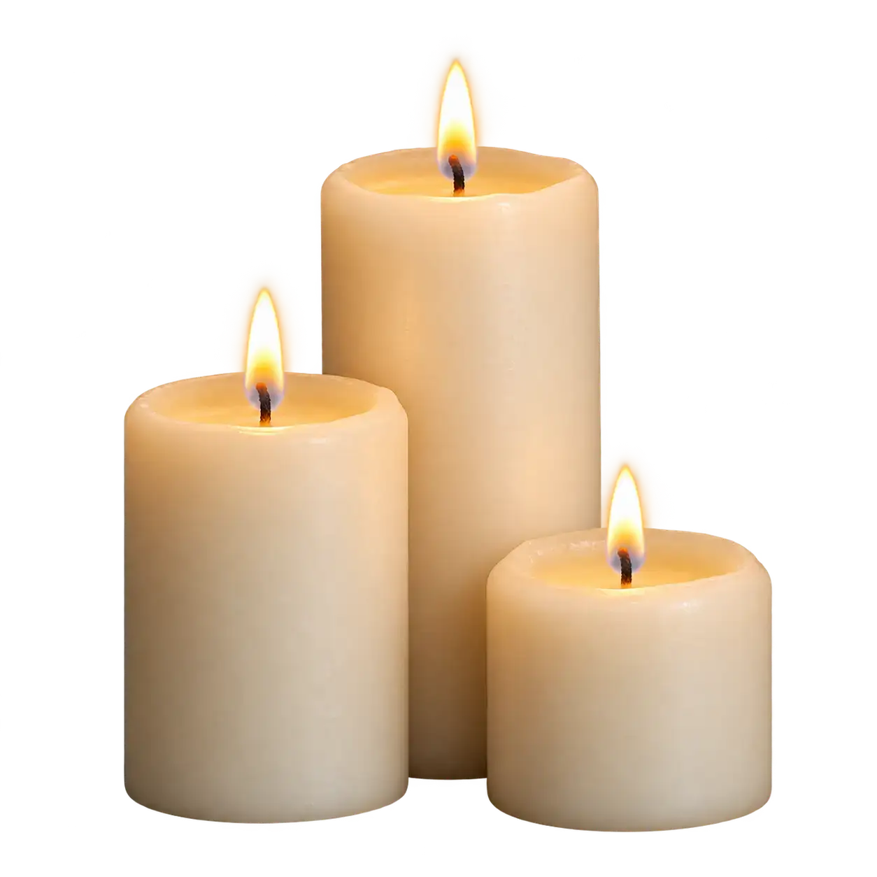 Three cream pillar candles of different heights stand close together, each with a small gold flame and a soft warm glow, a faint contact shadow fading beneath them on a transparent background. Halloween candle asset for compositing.