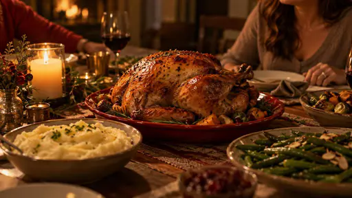 A warm candlelit holiday dinner table with a roast turkey, side dishes, a candle jar and a woman seated at the right.