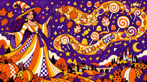 A candy corn witch in a striped orange, yellow and white hat and dress casts a spell that turns autumn leaves into lollipops, gumdrops and wrapped candies swirling in the air.