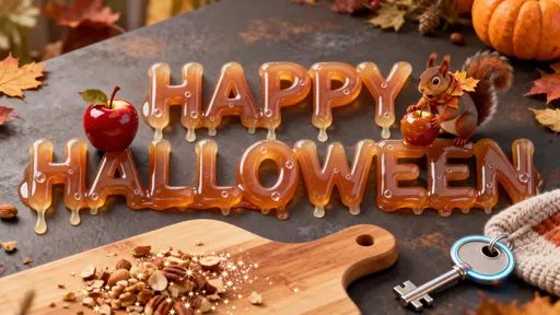 Full-frame 16:9 photo-real 3D of glossy candy-apple red 'HAPPY HALLOWEEN' with pale-pink sheen (#FFC1CC) and micro-bubbles; a squirrel in a leaf-green scarf (#6A8A2A) rolls a caramel apple (#8B5A2B) on a maple board (#C9A26B) framed by cool