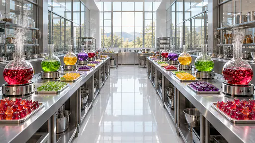 A glass-walled confectionery laboratory in one-point perspective with two stainless-steel benches, round flasks of bubbling red, green, yellow and purple syrup on burners, trays of gummy bears and jelly candies, a white tiled aisle and a bright window at the end.