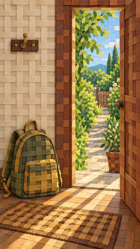 A canvas backpack leans against the wall beside an open wooden door with a doormat and a potted plant while a bright garden path shows beyond in woven paper strips.