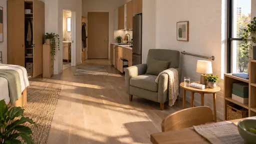 A care corner in a compact thirty square metre flat has a wide low armchair with a folded blanket, a grab rail fixed along the wall at hand height and a side table with a lamp, a plain pill organiser and a glass of water, with a clear floor path to the door.