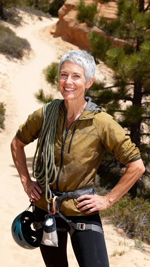 Full-figure portrait of Carolyn, a white climbing coach in her early 70s at a Flagstaff trailhead with coiled rope, chalk bag and helmet, sandy path and soft pines in tones #CBAE88 #2F5A3D #D17C4A #ECEBE7 #2B3B4E.